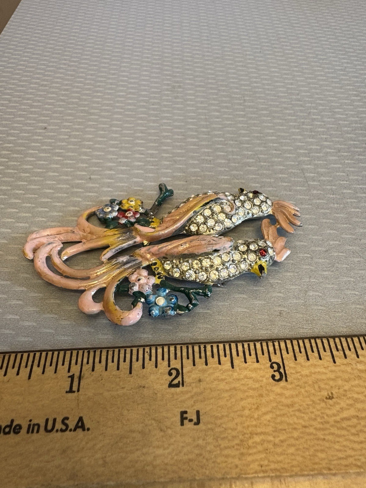 Unsigned Coro 40s Vintage Bird of Paradise Pair Brooch Pink Enamel Rhinestone