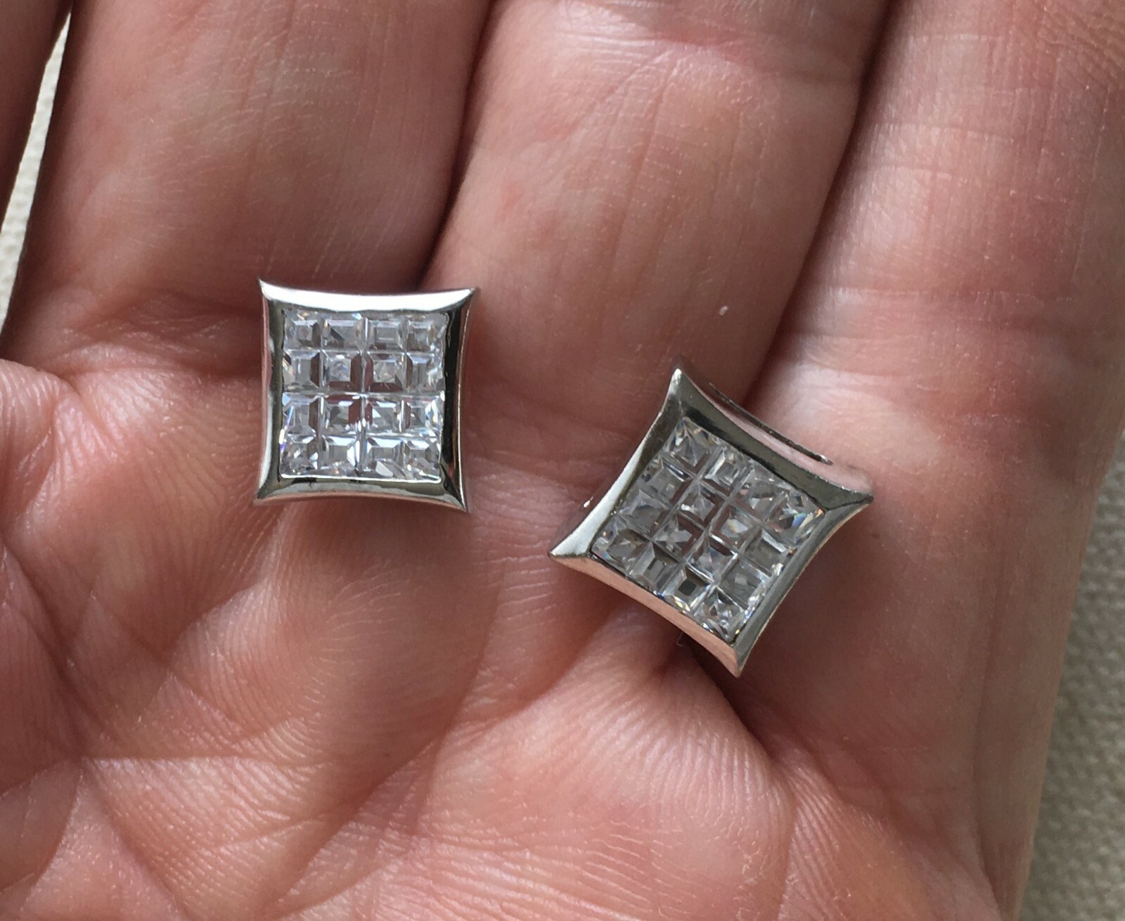 Hip Hop Statement Pave Crystal Stud Earrings Squared Modernist Sterling 3/8″