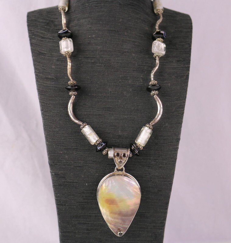 Vintage Sterling Silver 925 Mother Of Pearl Enhancer Murano Glass Necklace 93g