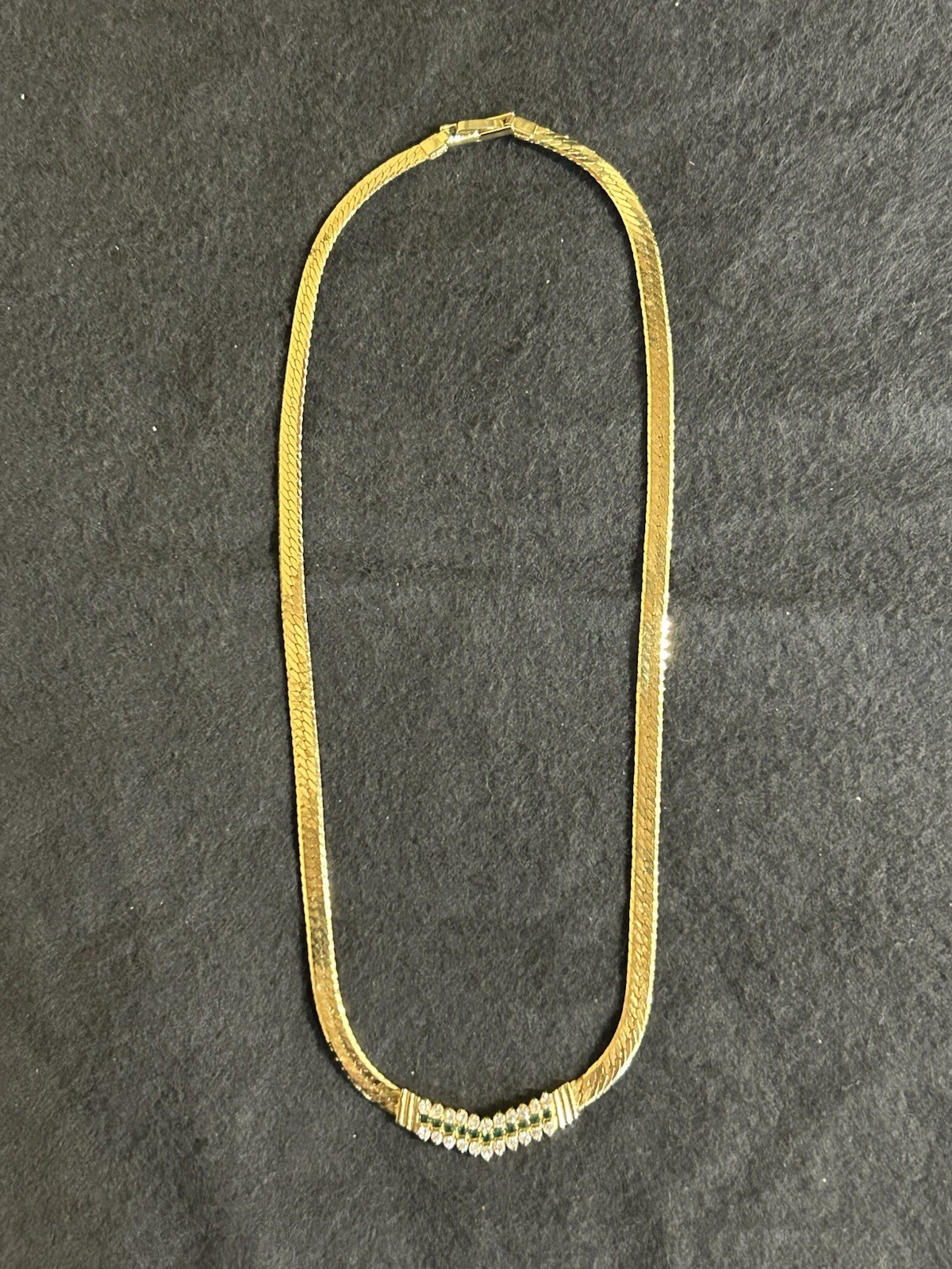 Gold Tone Herringbone 18″ Necklace With Green And White Gemstones J165