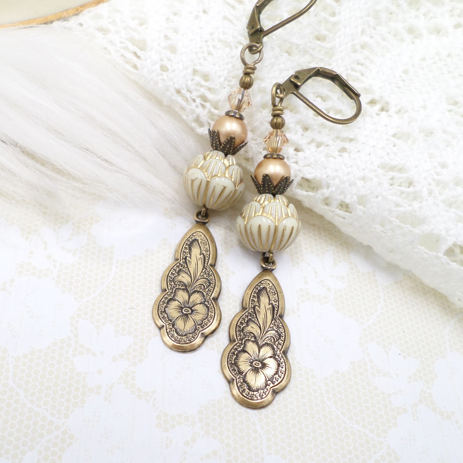 Victorian Floral Brass Earrings, Cream Acrylic Bead Handmade Dangle Jewelry