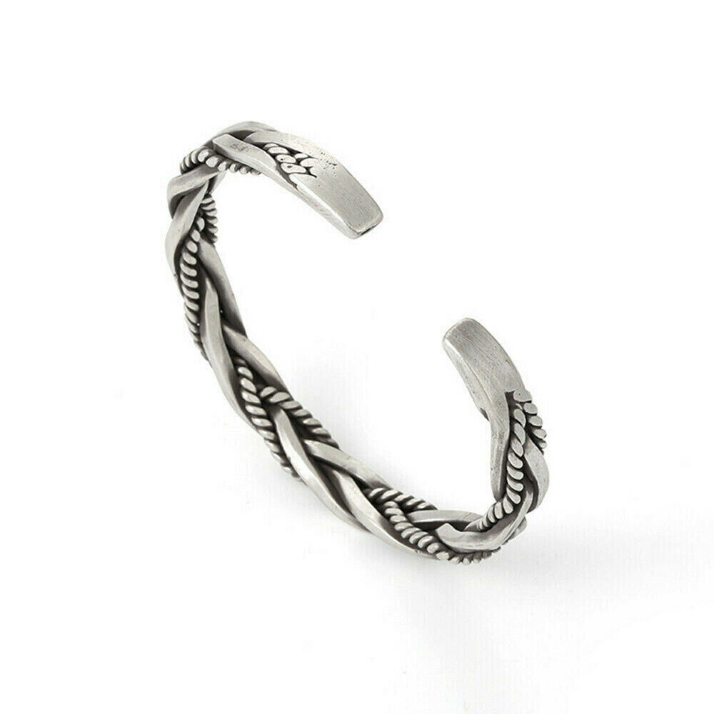 925 Sterling Silver Thai Handmade Vintage Open Bangle Twisted Cuff Men Bracelet