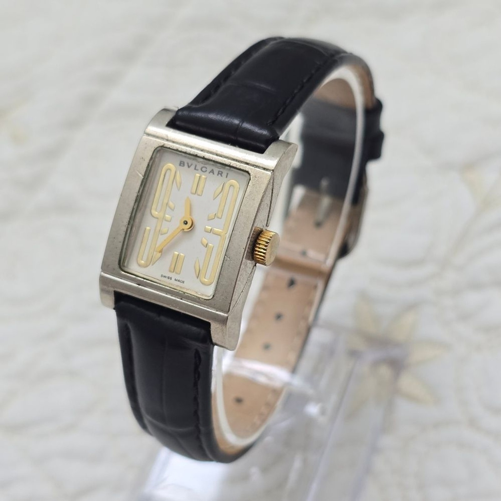 BVLGARI Rettangolo Quartz RT39S Ladies Watch Italian Luxury Black Leather Strap