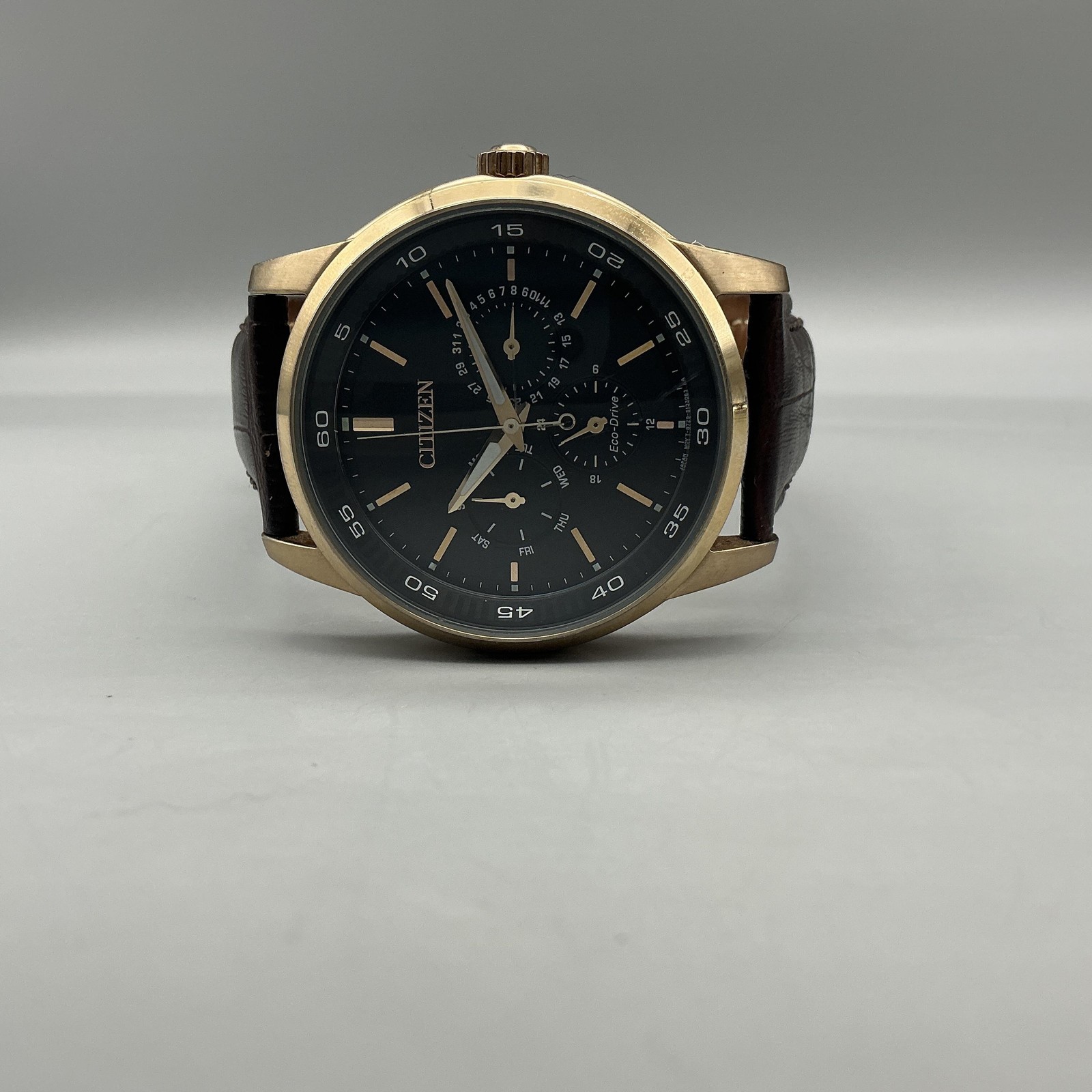 Citizen Eco-Drive Mens Watch 44mm Black Dial Brown Leather 8729-S093040 Day Date