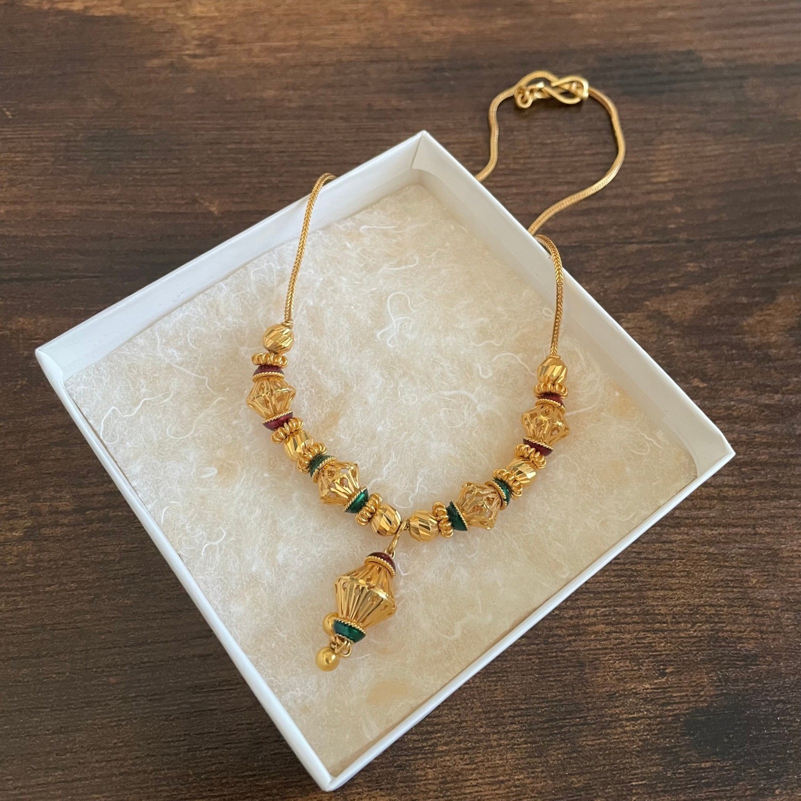 Womens Beaded Enamel Necklace Gold Red Green Filigree Traditional Style Jewelry
