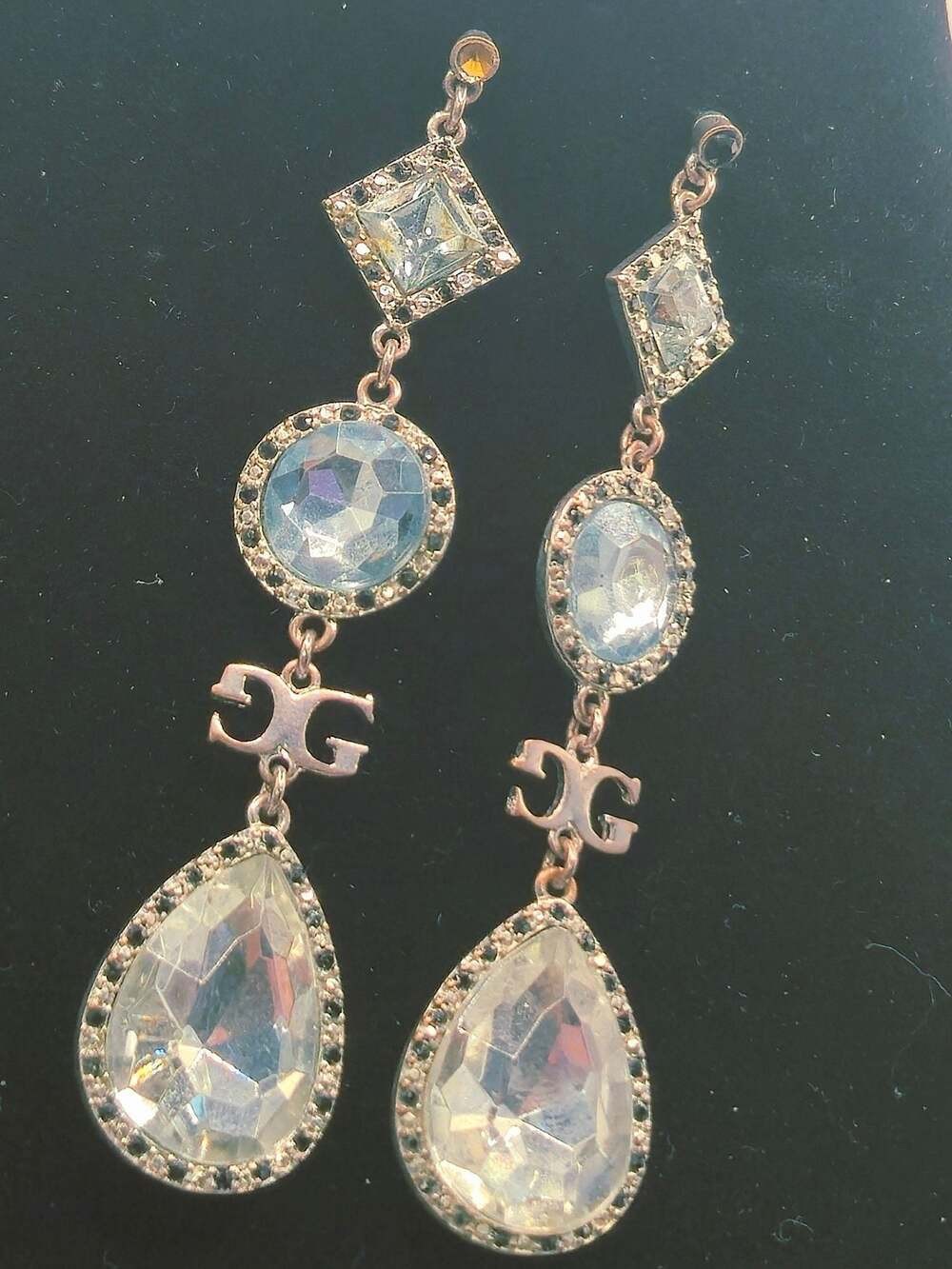 Guess Silver Tone Triple Drop Crystal Logo Earrings