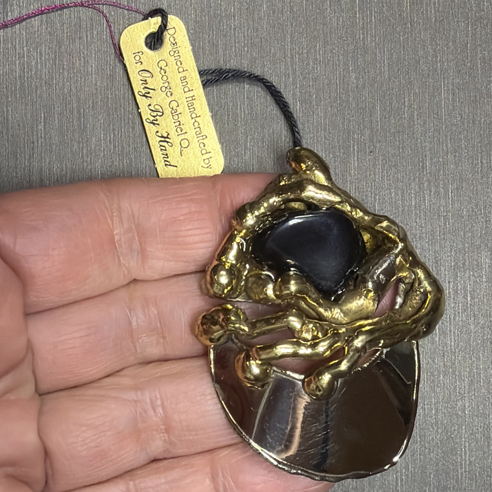 Vintage George Gabriel Mixed Metal Brooch Gold Silver Copper Onyx Gem Modernist