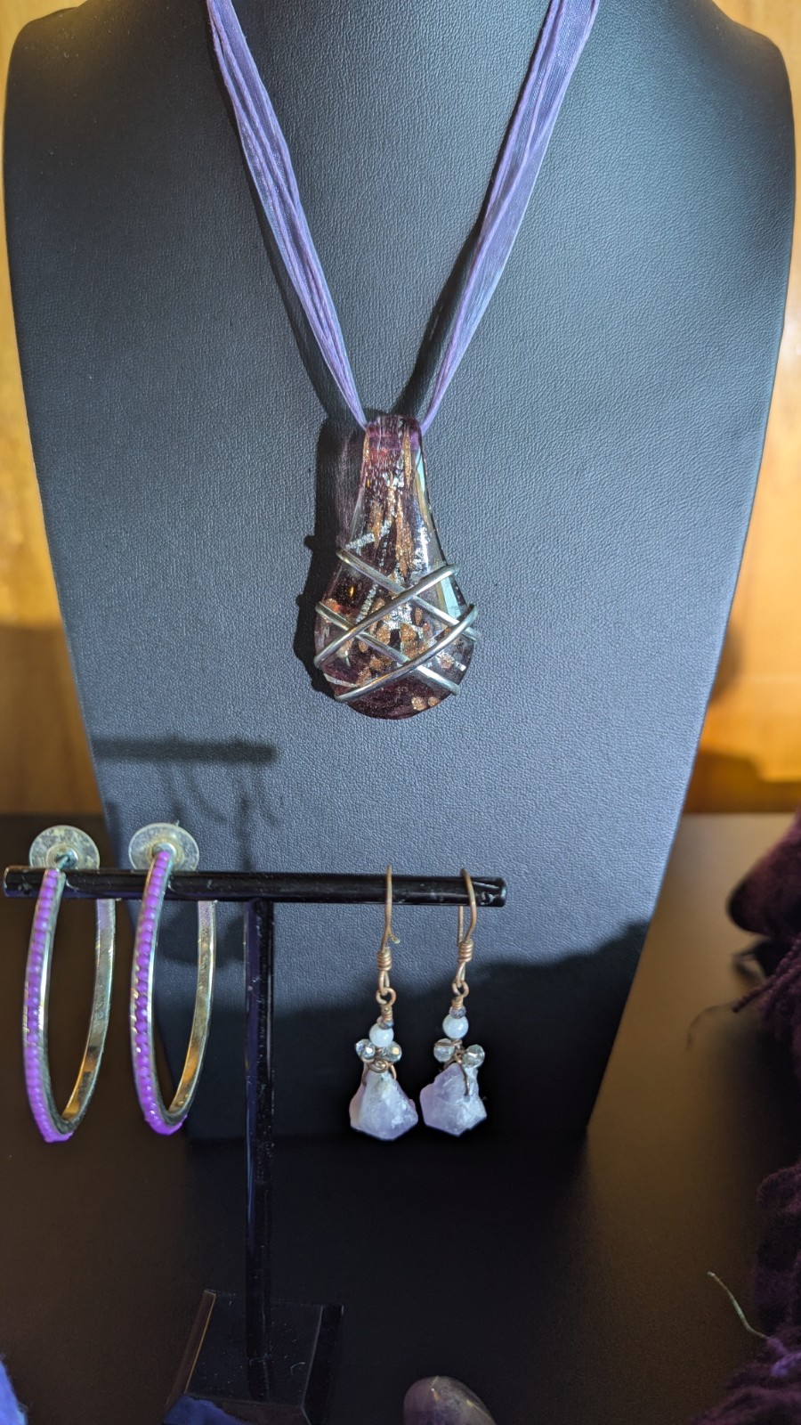 Purple Accessory Lot – 4 Scarves, Necklace, 2 Earrings, & Stone