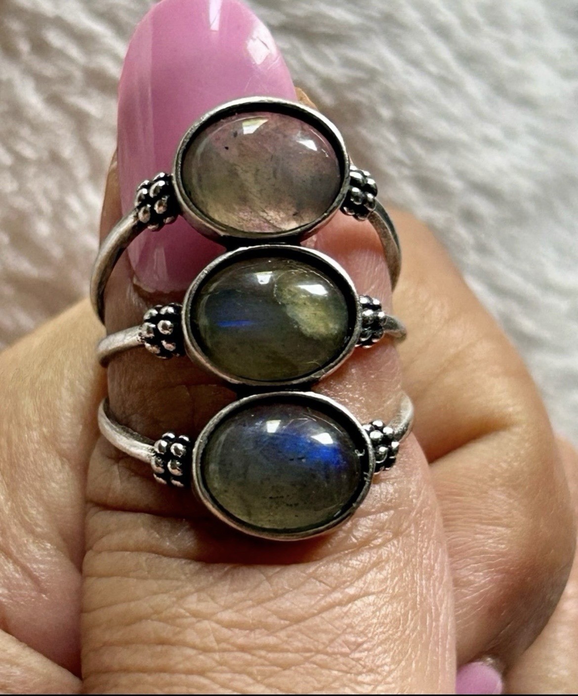 Triple Labradorite Crystal Ring Size 9 Silver S925 Jewelry Woman’s New