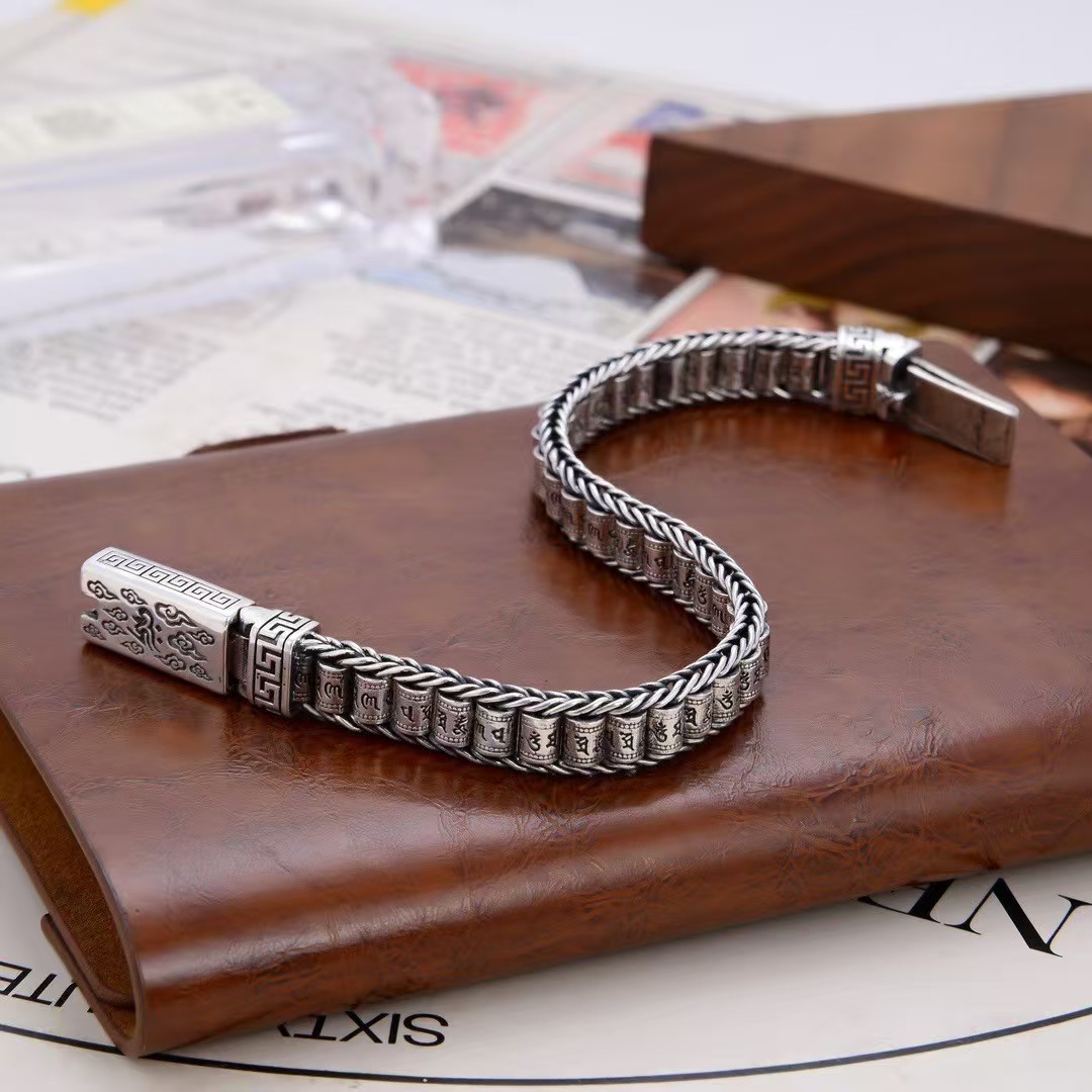Pure S925 Sterling Silver Chain Six Words Tube Beads Link Bracelet 7.1-8.7inch