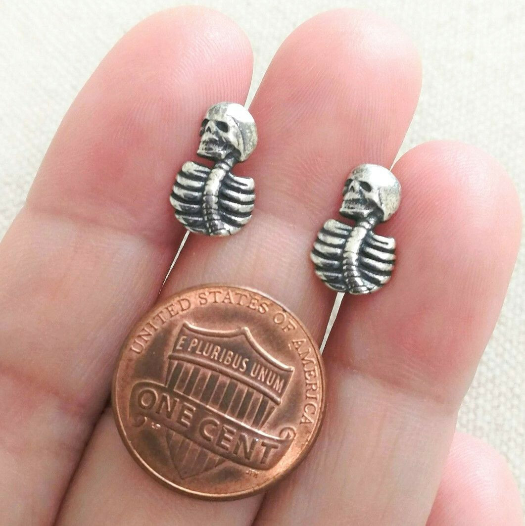 925 Sterling Silver Skull Skeleton Screw Back Ball Stud Earrings Gothic Unique