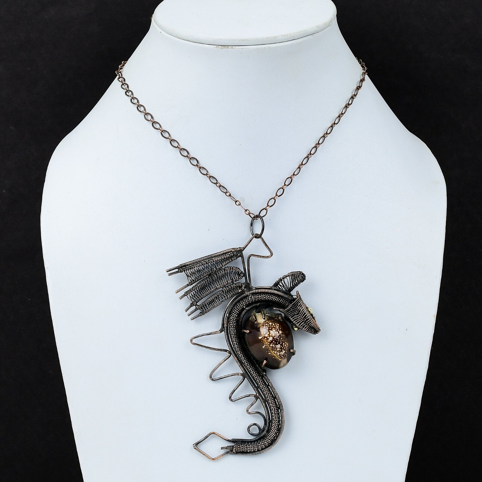 Cowrie Shell Wire Wrapped Dragon Pendant Handcrafted Copper Gift Jewelry 4.45″
