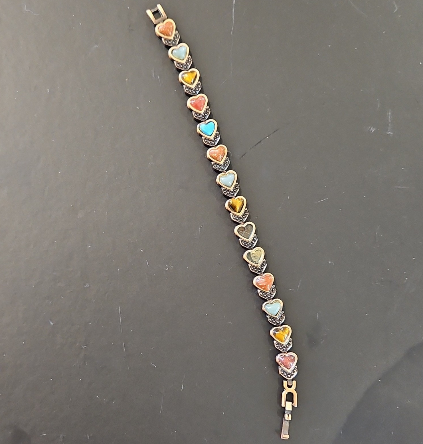 Silver Tone Multicolor Heart Link Bracelet w/ Slide Closure Love Charm Chain
