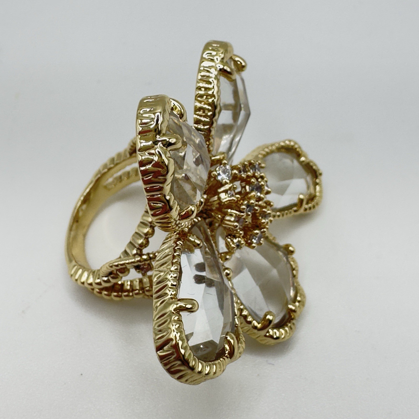 Joan Boyce Crystal Flower Ring Gold Tone Statement Cocktail Ring 1.5″ Size 5.5