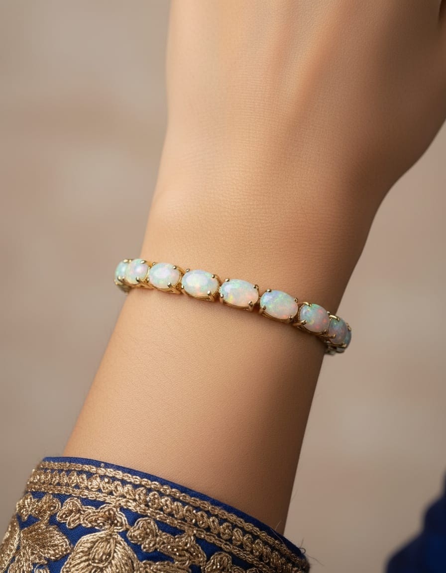 3Ct Oval Cut Lab-Created Opal Ladies Tennis Bracelet 14K Yellow Gold Finish