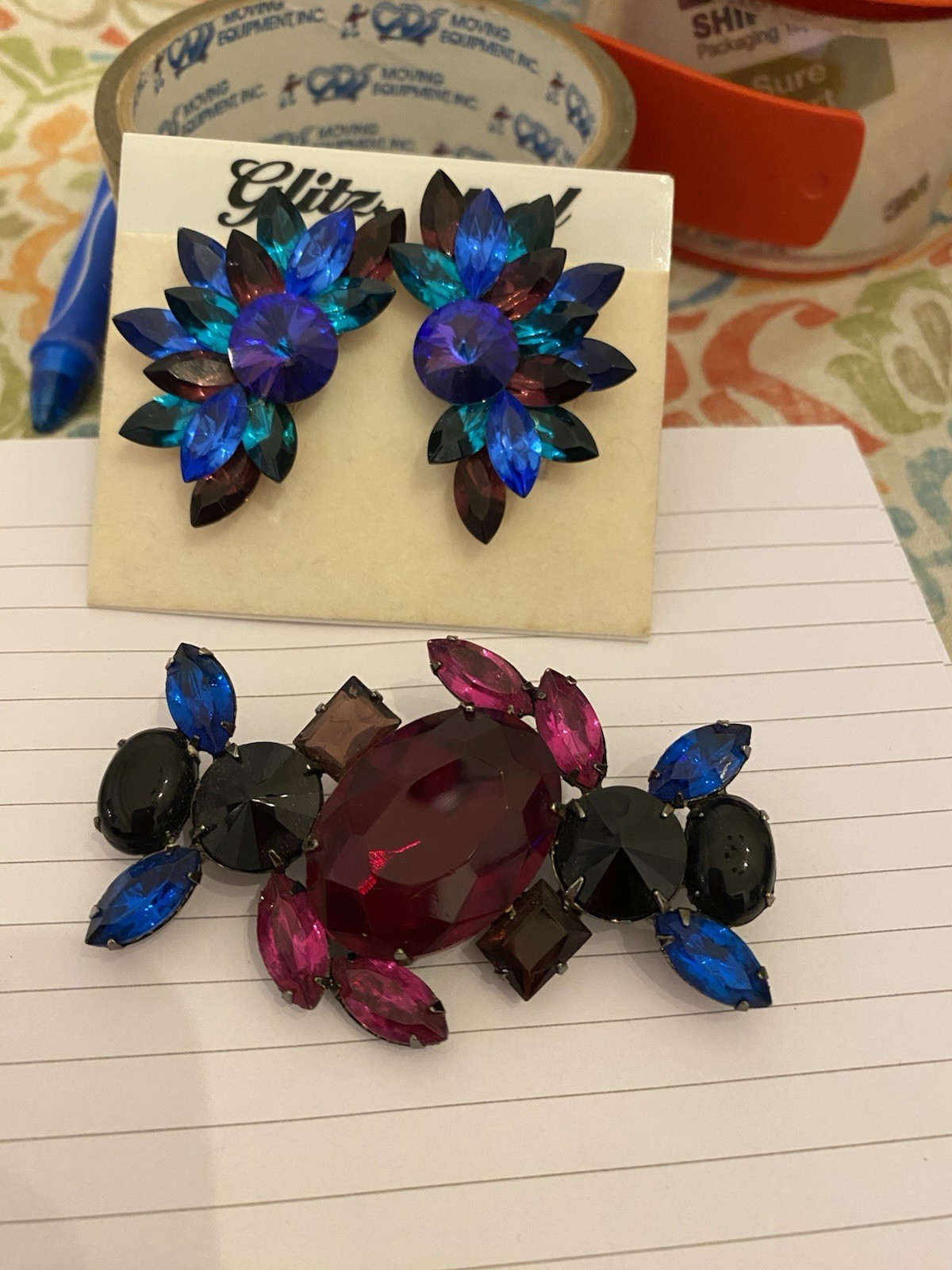 Multi-colored Rhinestone Cluster Clip-on Earrings with Matching Brooch Set