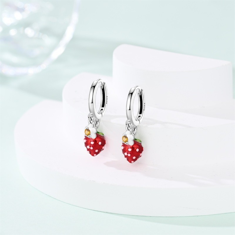 PANDACH 925 Sterling Silver Sweet Strawberry Dangle Earrings Girls Birthday Gift