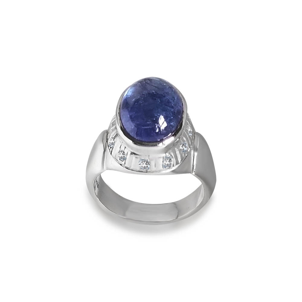 7.71 ctw Natural Tanzanite Cabochon & Diamond Oval cut Sterling Silver Ring
