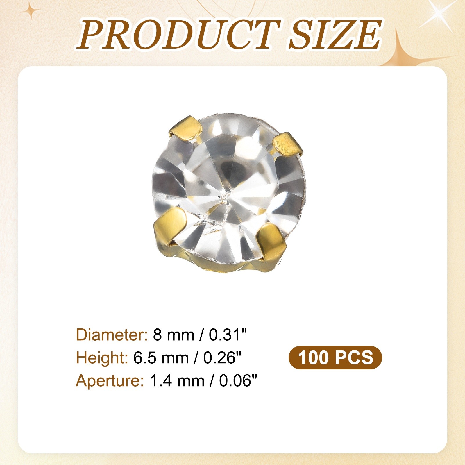 100 Pcs Sew on Rhinestones, 8 mm / 0.31 Inch Diameter, White