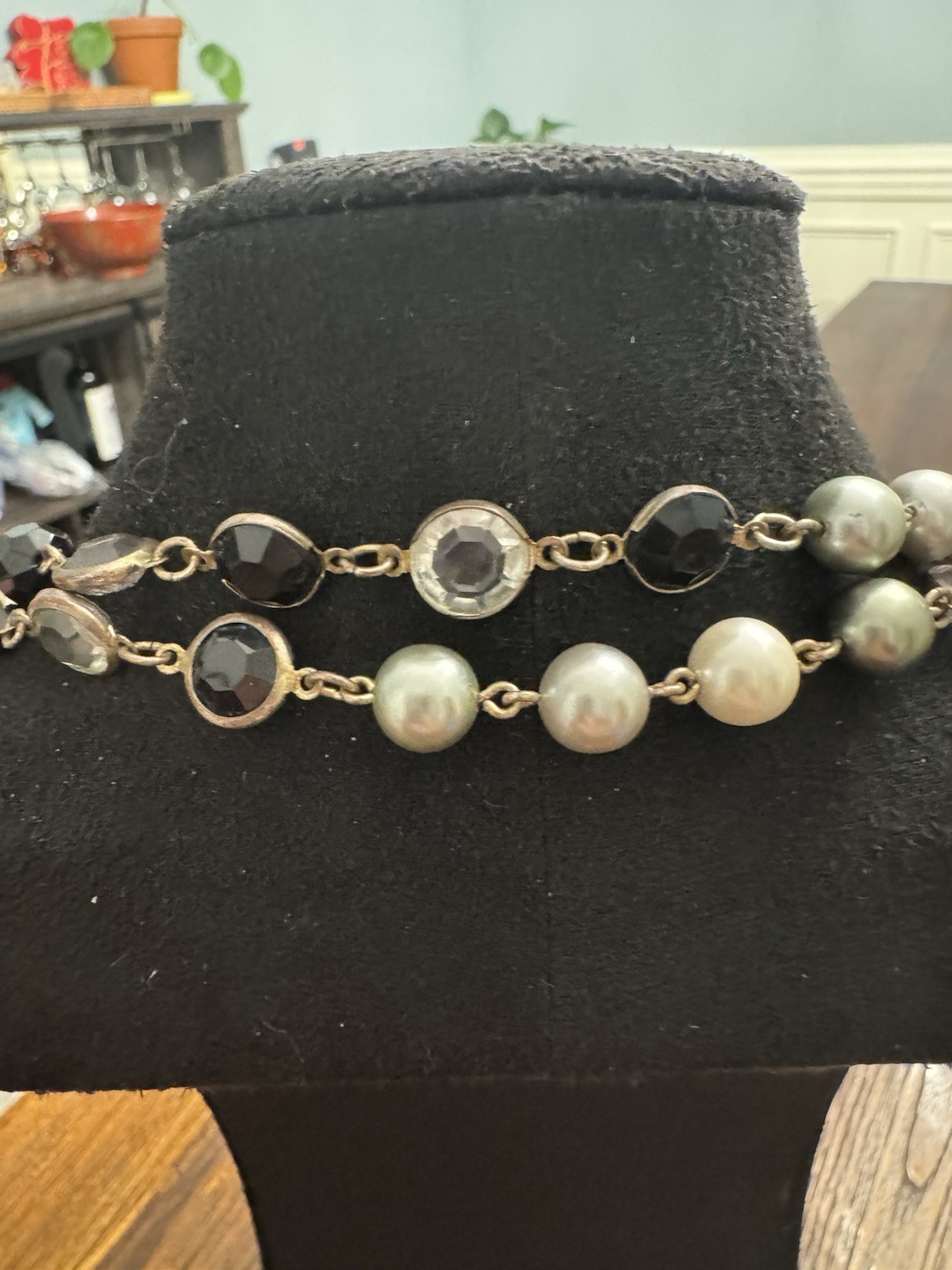 Long Double Strand Faux Pearl & Faceted Crystal Beaded Necklace Black Gray Gold