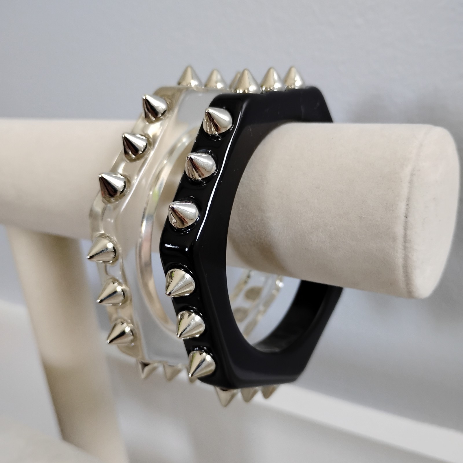 NEW Set Clear Black Silvertone Studs Spikes Plastic Bangle Bracelet Sz 8 Gothic