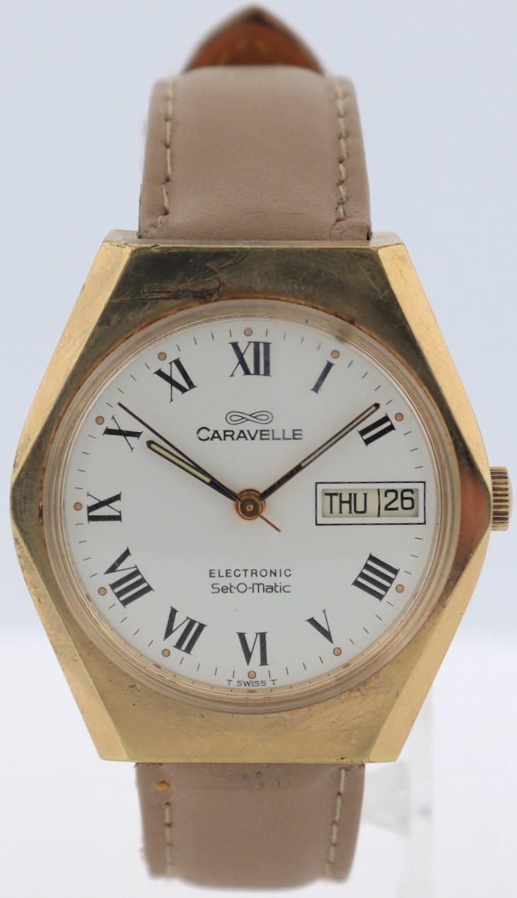 Vintage 1976 Caravelle Set-o-matic Day Date Men’s Electronic Wristwatch Swiss