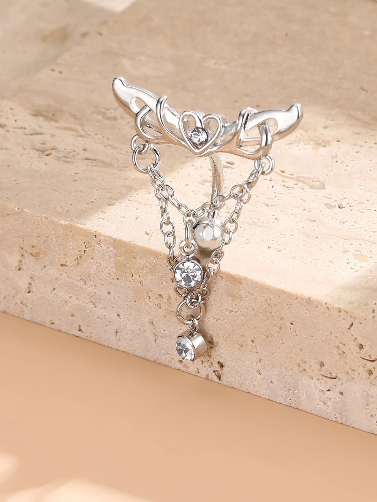 Rhinestone Heart Wing Dangle Belly Button Ring Stainless Steel Navel Piercing