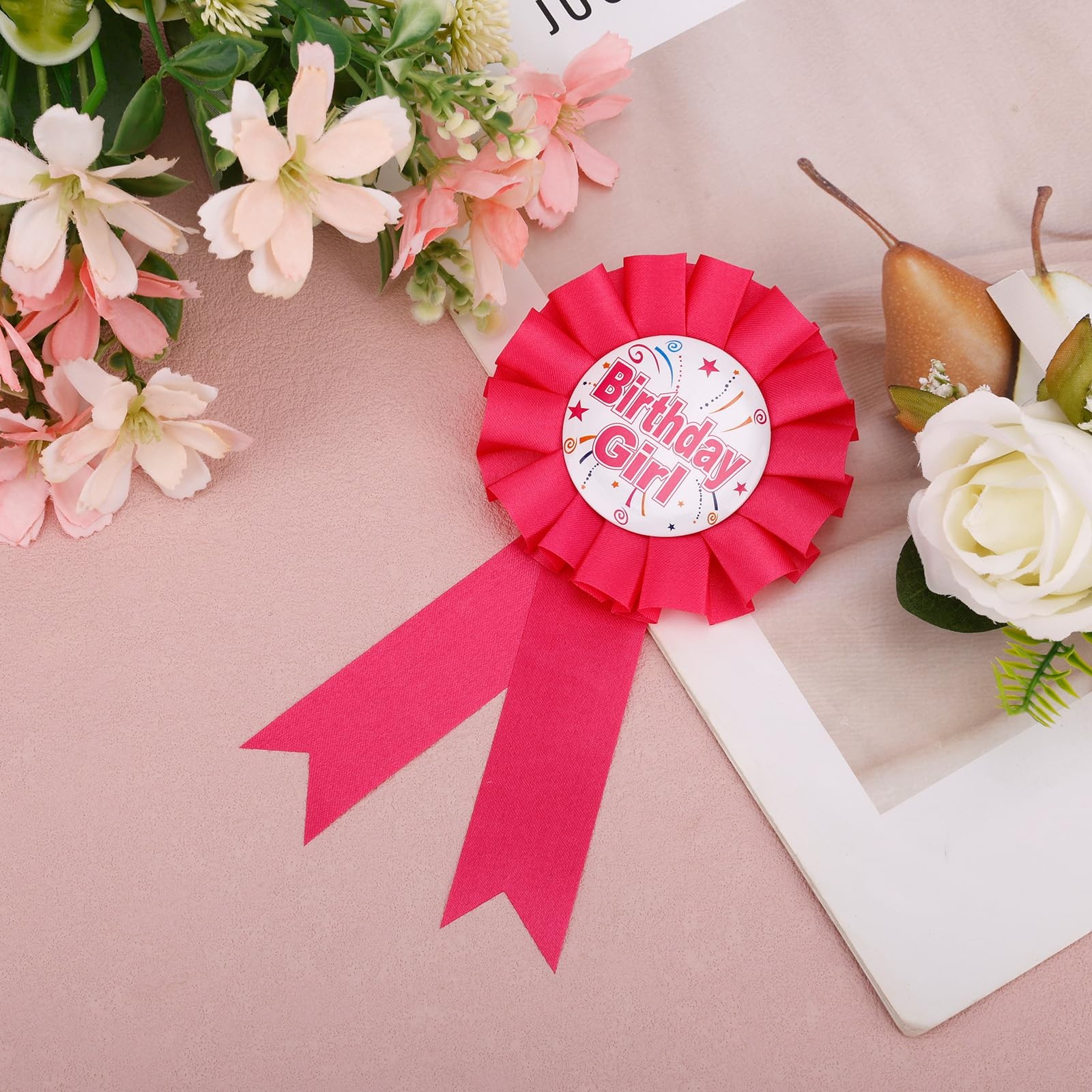 Birthday Girl Pin, Rose Red Satin Ribbon Happy Badge Pin, Medium Size, Polyester