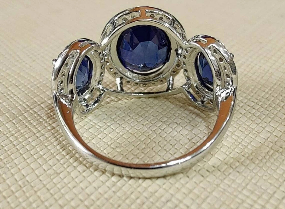 3.20Ct Oval Cut Blue Tanzanite Three Stone Engagement Ring 14K White Gold Finish
