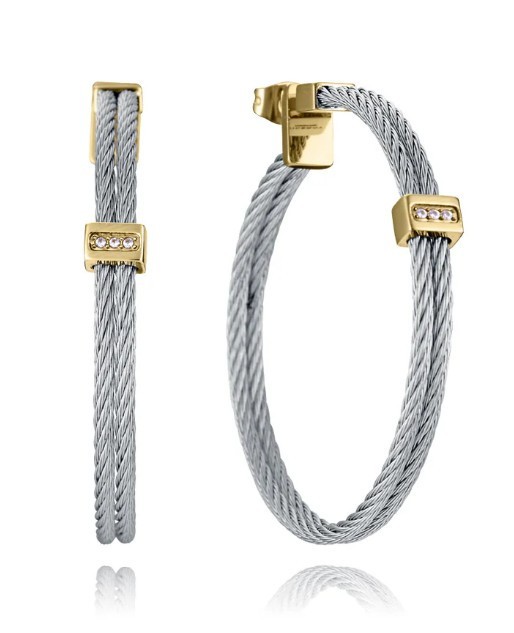 Women’s Double Cable Earrings Connected With Bar In Gold IP With Zirconia