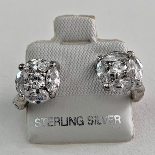 Marquise Cut Cubic Zirconia Floral Huggie Hoop Earrings in Solid Sterling Silver