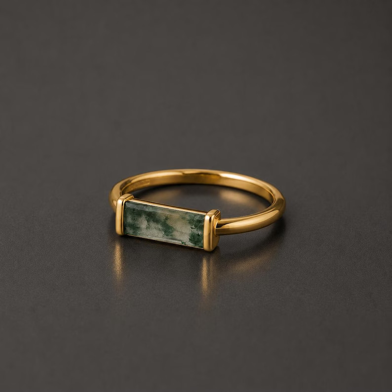 Green Moss Agate Ring, Base Metal: Brass Finish: Gold Plated