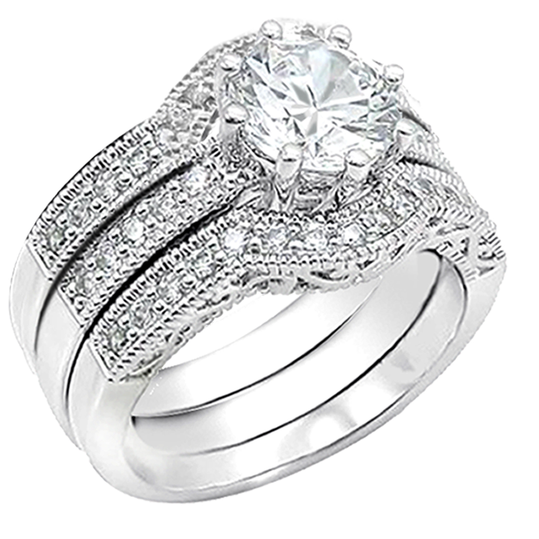 Classic Hers Solid Sterling Silver His Tungsten Wedding Engagement Ring Band Set