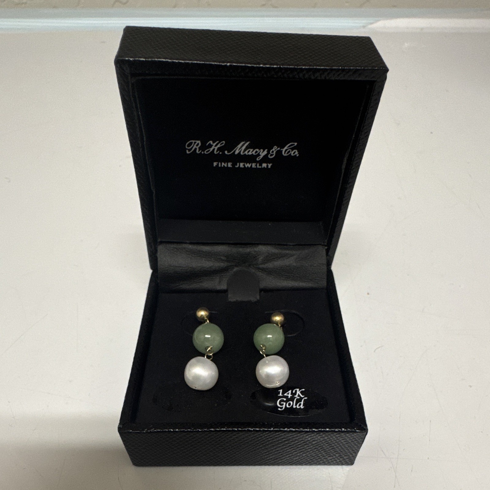 Macy’s 14K Yellow Gold Jade & Cultured Pearl Butterfly Closure Dangle Earrings