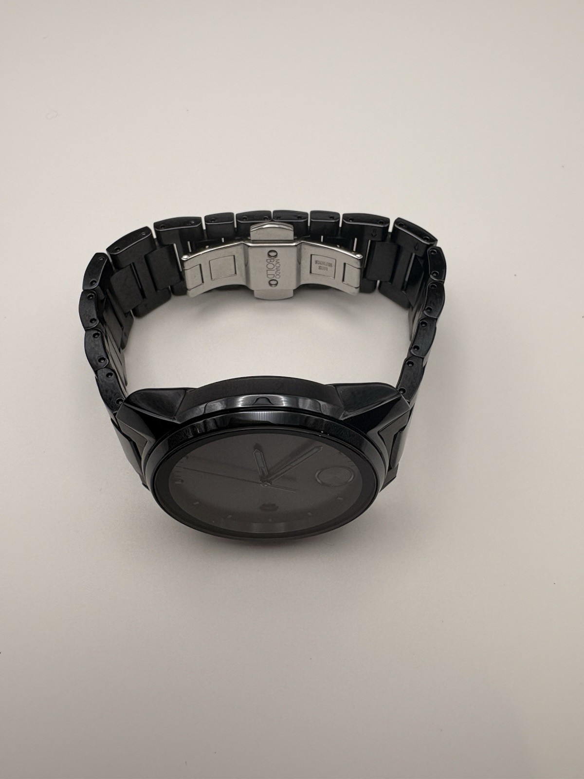Movado Bold 44mm Black Dial Black SS Bracelet Quartz Date 30m Box Papers