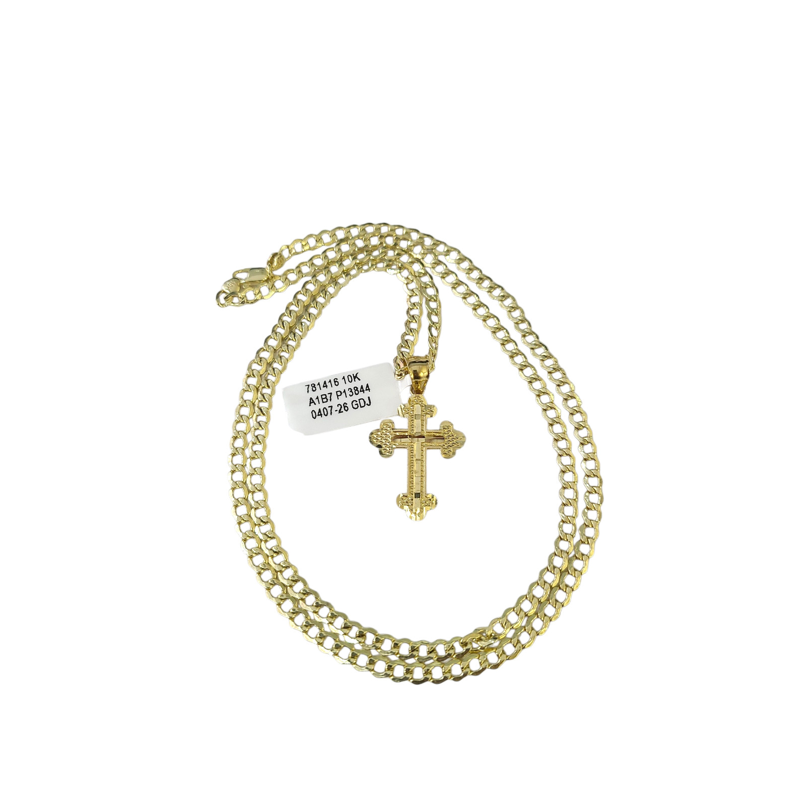 10K Gold Cuban Curb Link Chain Necklace Christ Cross Pendant Set 3mm 18″–24″