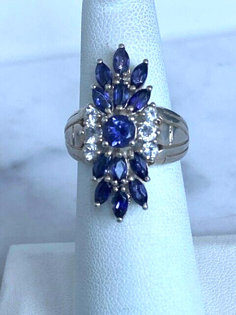 925 STERLING SILVER IOLITE AND COLORLESS TOPAZ BALLERINA RING SIZE 6