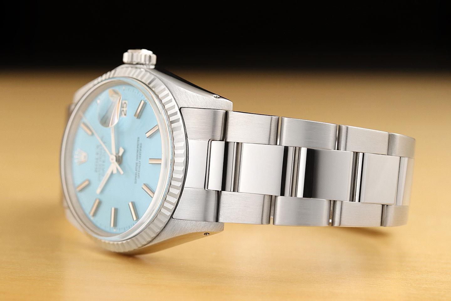 ROLEX MENS DATEJUST 18K WHITE GOLD STAINLESS STEEL AQUA BLUE OYSTER WATCH