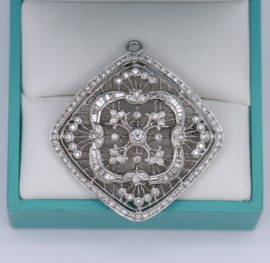 1.00tcw Diamond Art Deco-style Filigree Pendant & Brooch | 18K White Gold