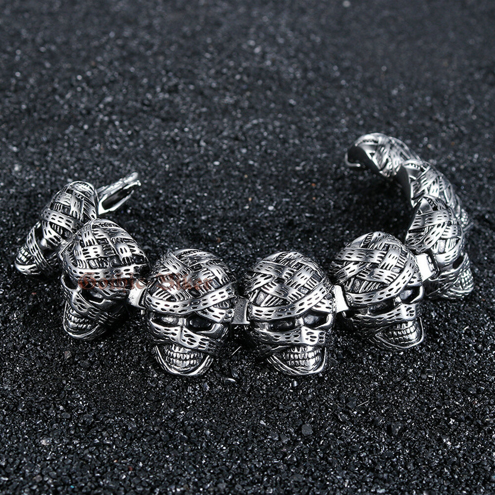 Punk Heavy Gothic Egypt Mummy Skull Stainless Steel Men’s Bracelet 7.5-9.4″(L)