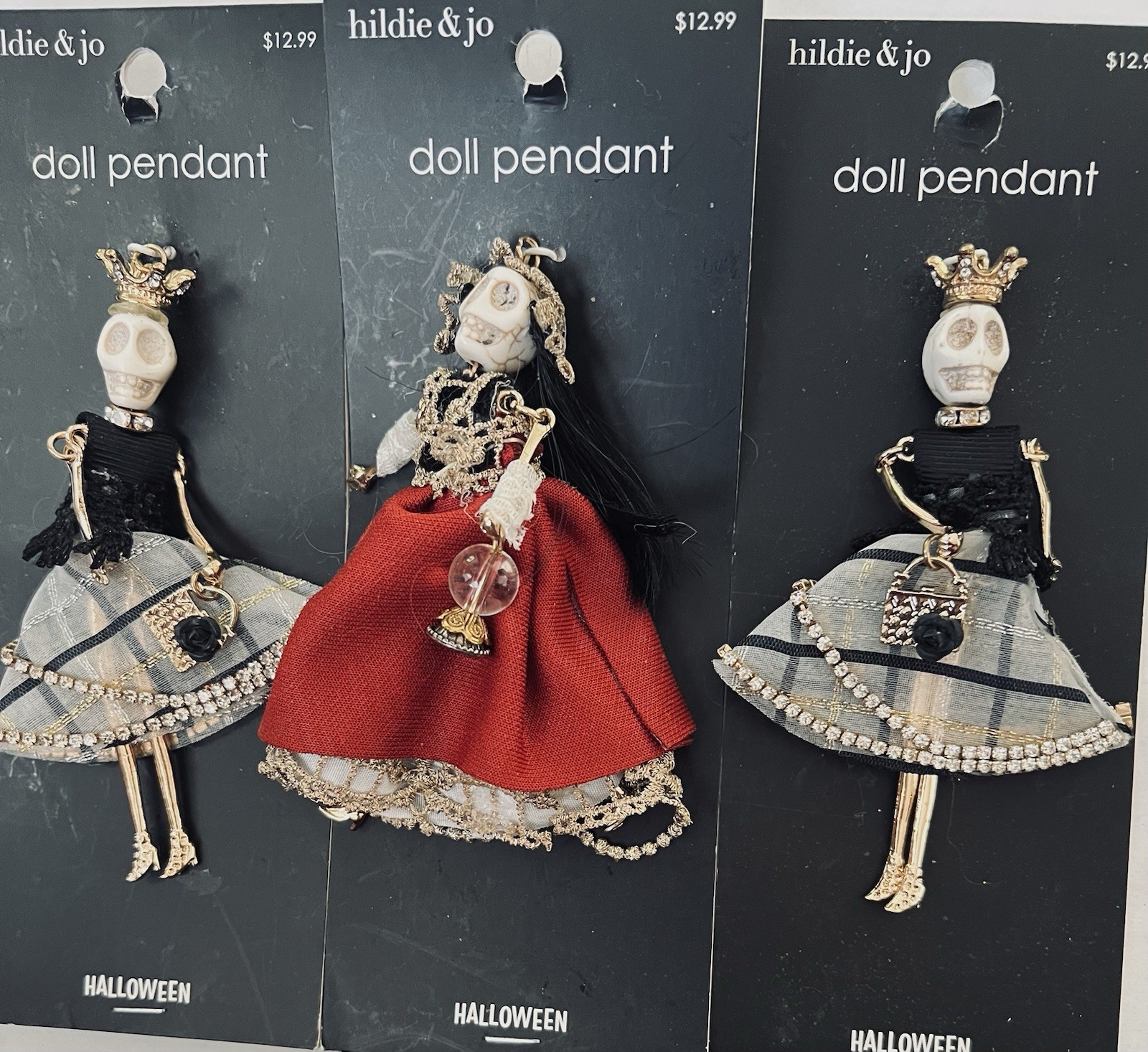3 Hildie & Jo Halloween Skull Skeleton Doll Pendants for JoAnn Fabrics