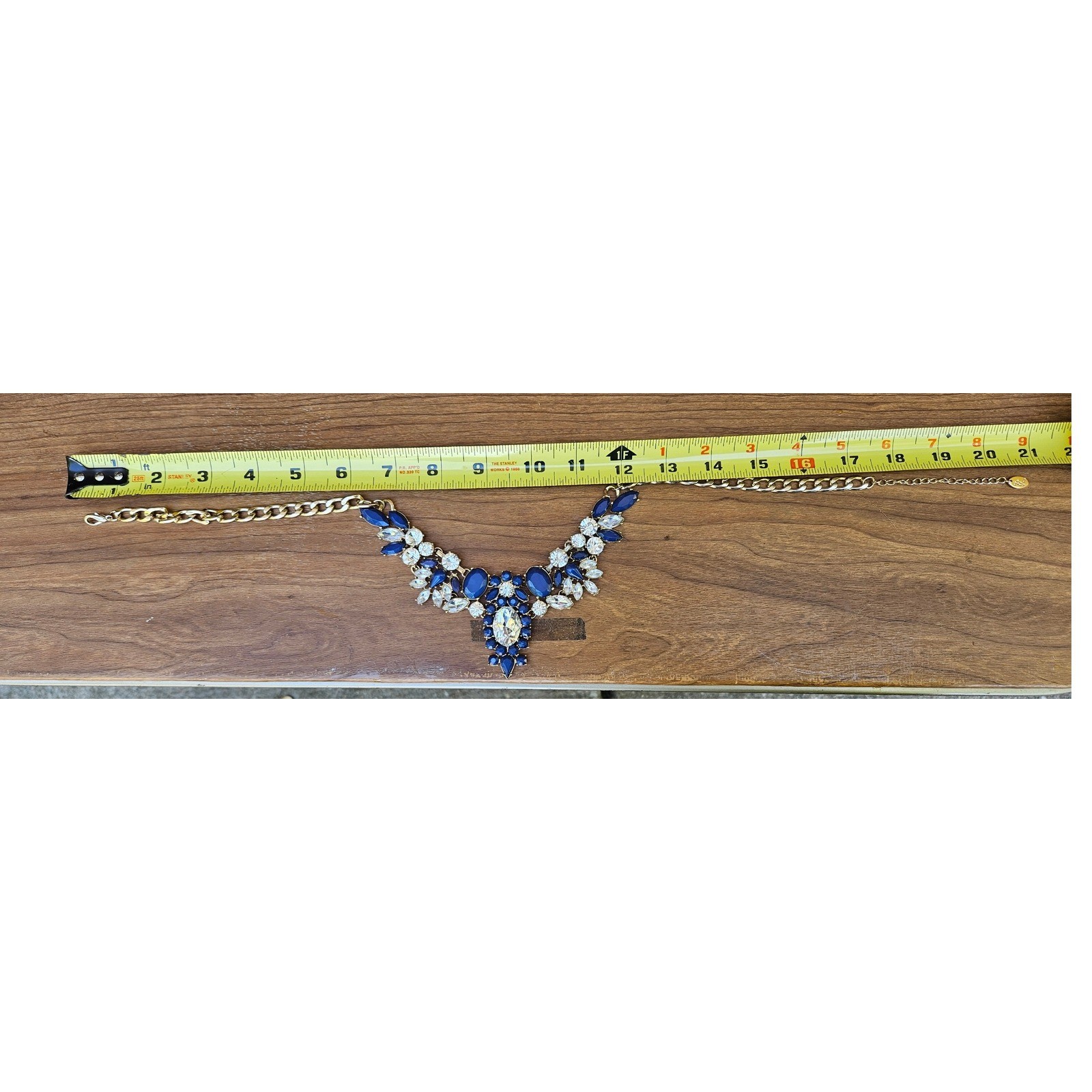 etc! Gold Chain Necklace with Blue & Clear Rhinestone Statement Bib