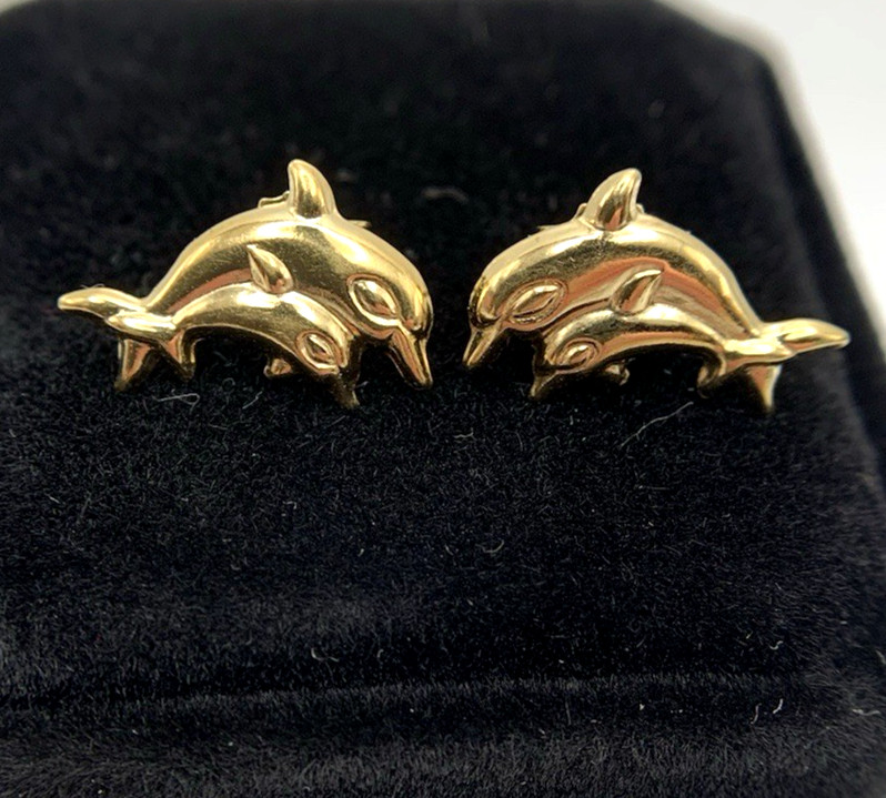 18k .750 Gold DOLPHIN Earrings,14.3mm x 10.2,1.5g,by “AR 348”, FREEgfBx($5valu.