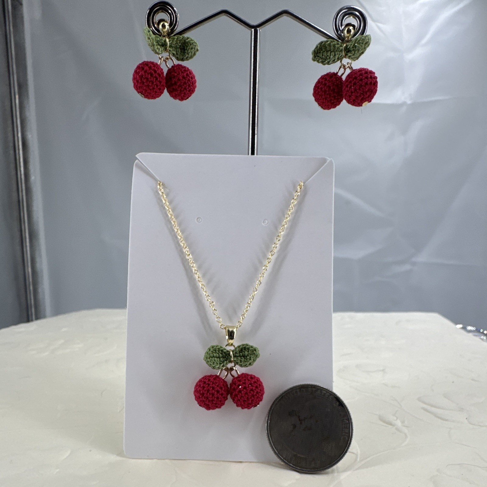Hand Made, Tiny Crochet Cherry Pendant Necklace & Earrings Set