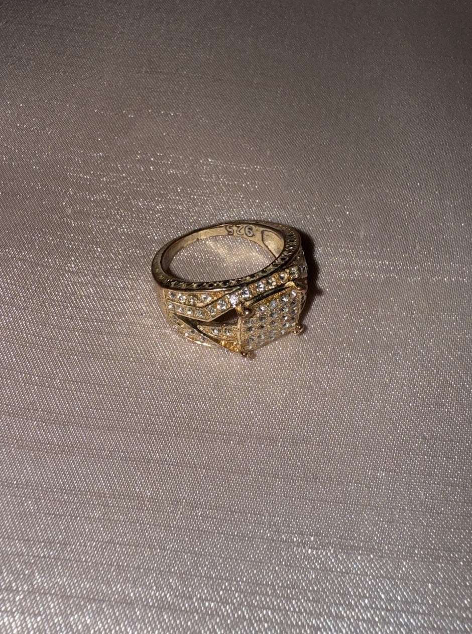 925 Sterling Silver Gold Tone Pavé Clear Square Zircon Cocktail Ring Size 9