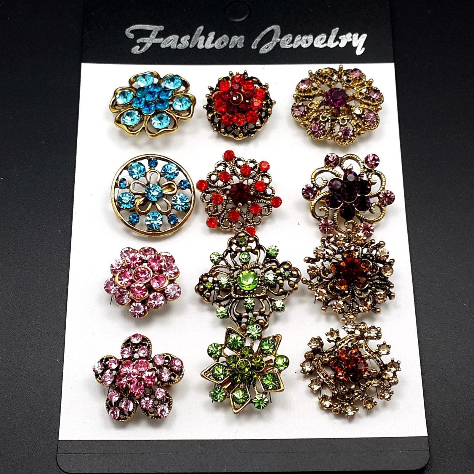 Lot 24 pc Mixed Vintage Style Golden Rhinestone Crystal Brooch Pin DIY Bouquet