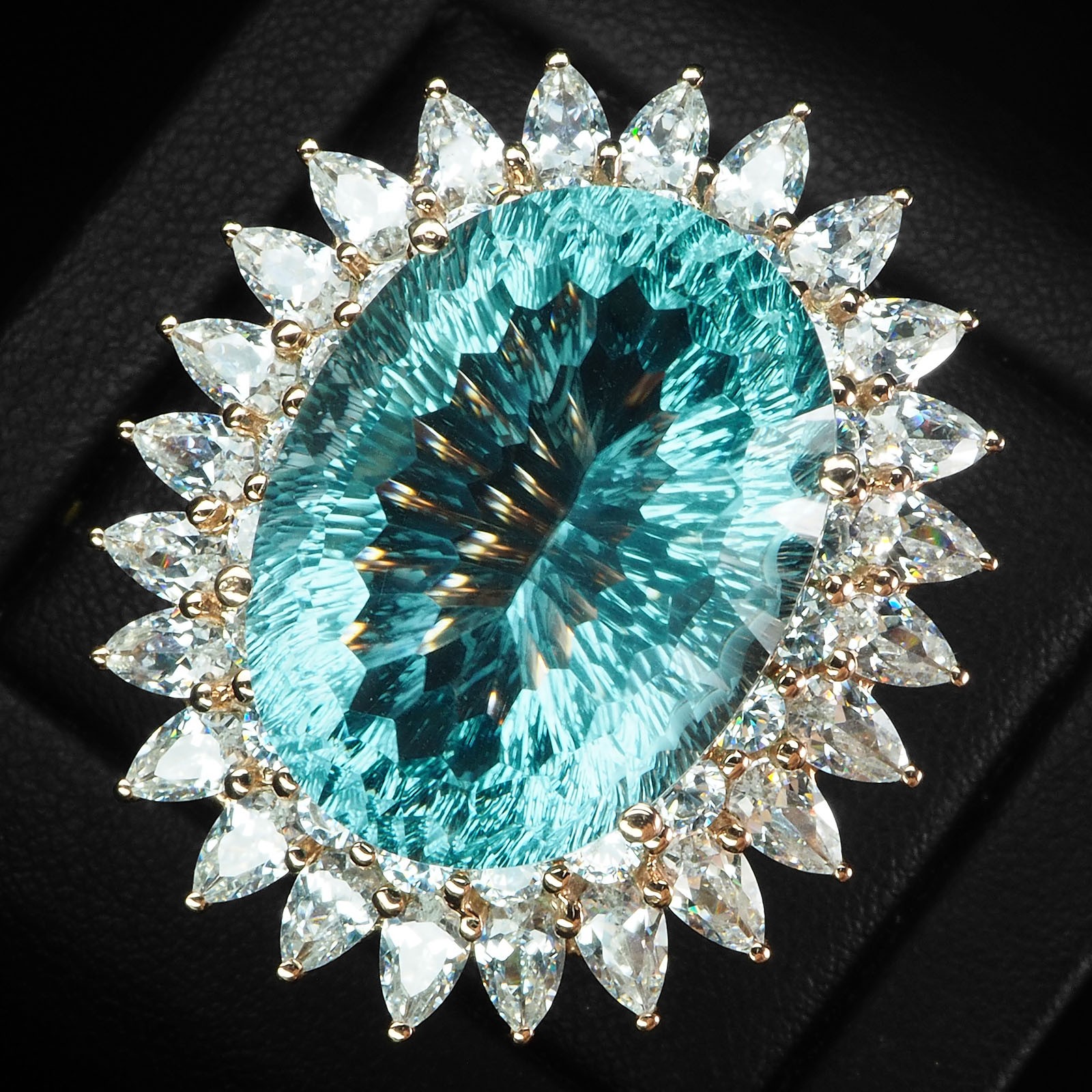 Charming Sea Blue Aquamarine Concave 26.75Ct 925 Sterling Silver Rose Gold Rings