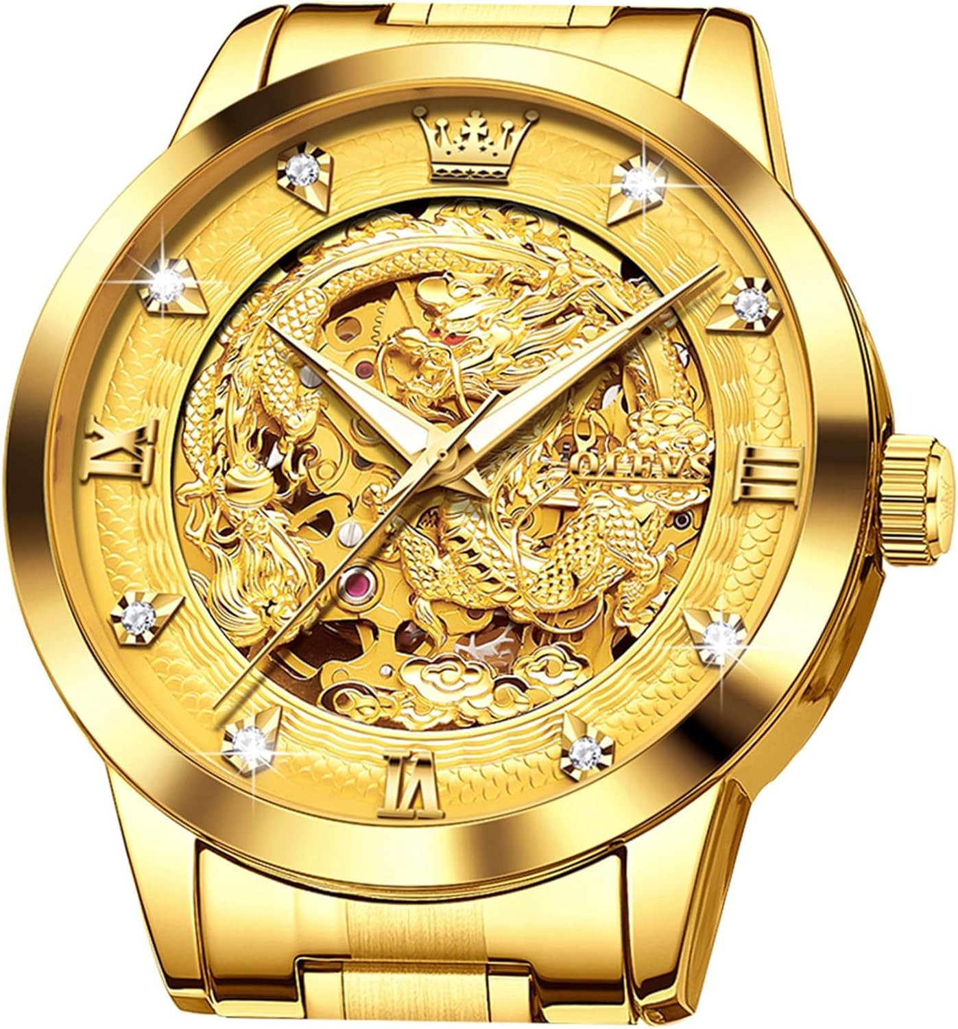 Dragon Skeleton Mens Automatic Watch 42MM Large Dial Gold Luxury Self-Winding Di