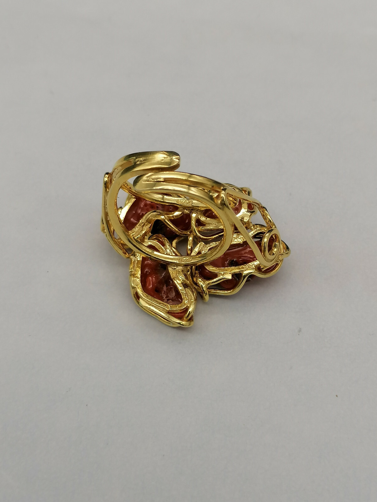 Genuine Sardinian Red Coral 925 Silver Gold Plated Adjustable Women Ring