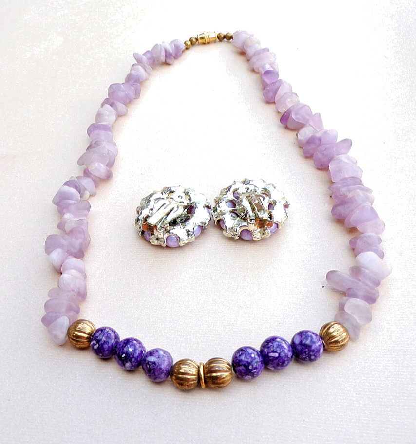 VINTAGE AMETHYST BEADED NECKLACE WITH CO-ORDINATED LAVANDER CLUSTER CLIP EARRING